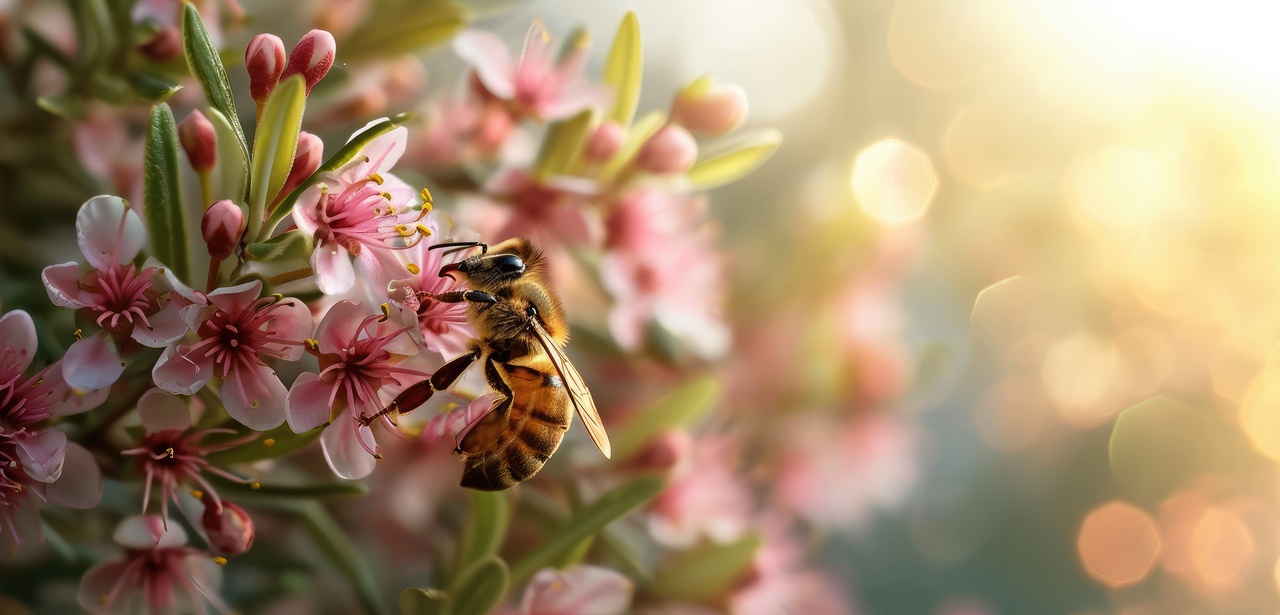 Eine Biene an einer Manuka-Blüte (Foto: AdobeStock_702831869 vxnaghiyev)